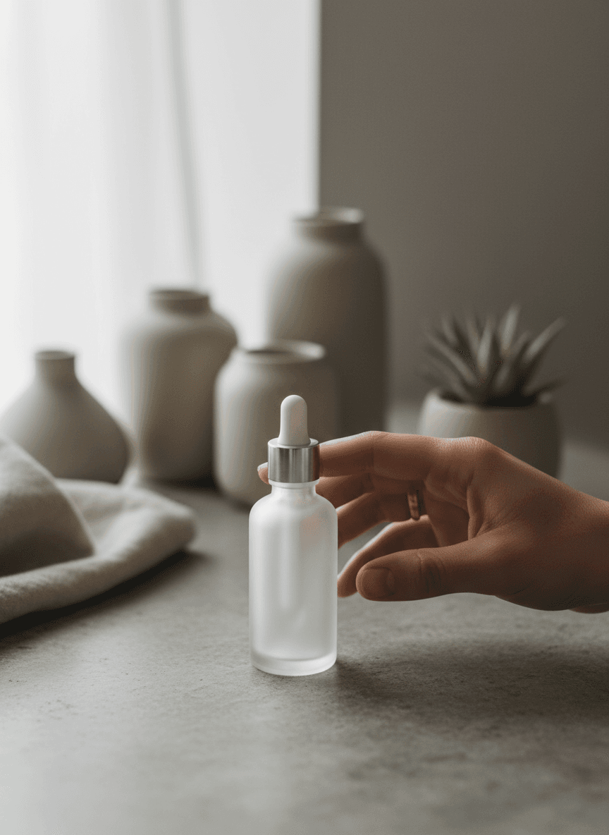 A frosted serum bottle held in a calm hand against a quiet editorial backdrop, used for texture, tolerance, and product-role context without clinical cues.