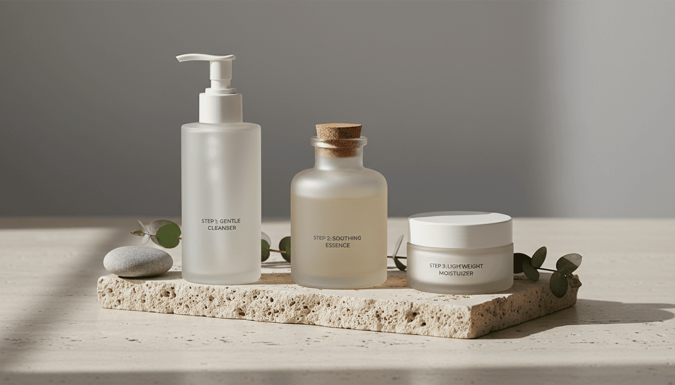 A clear step-ordered Korean skincare routine still life arranged to communicate sequence and calmer routine building.