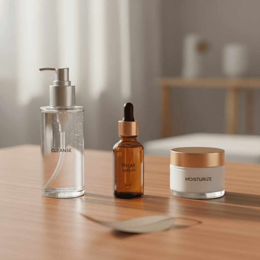 A calm Korean skincare still life with a serum bottle, moisturizer jar, and glass vessel arranged in clear step order on a warm editorial surface.