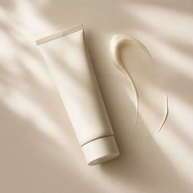 A clean unbranded sunscreen tube beside a soft cream texture smear on a warm editorial surface.